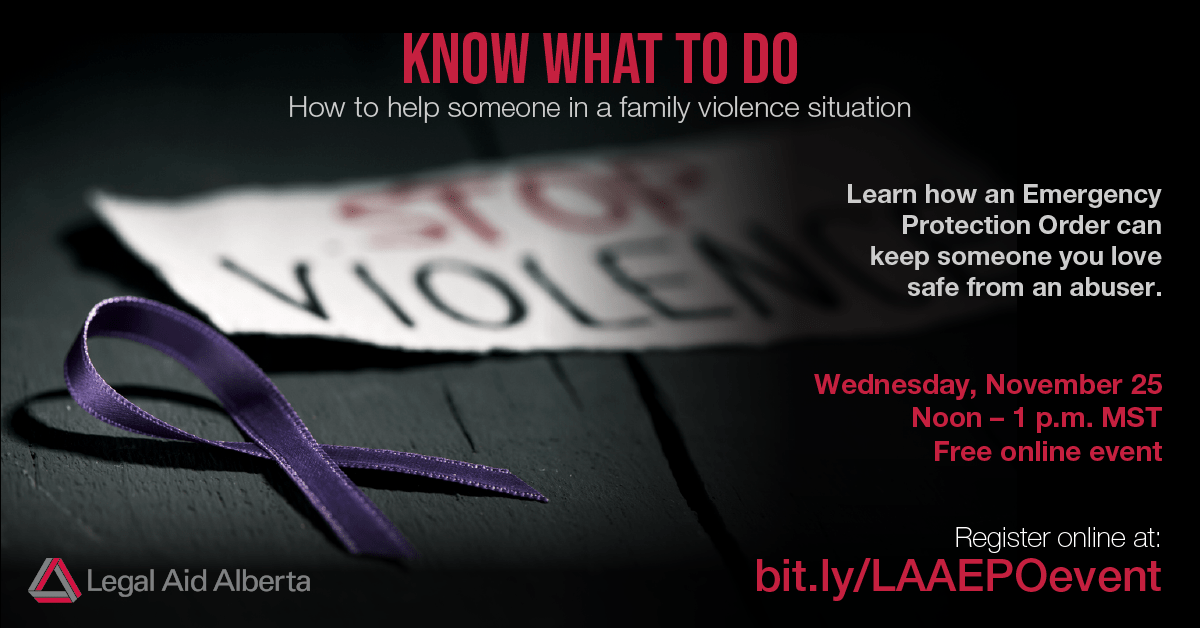 Invitation graphic for a free online seminar on November 25: Know what to do, how to help someone in a family violence situation