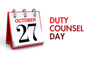 Graphic of a calendar with date October 27 and the words "Duty Counsel Day"