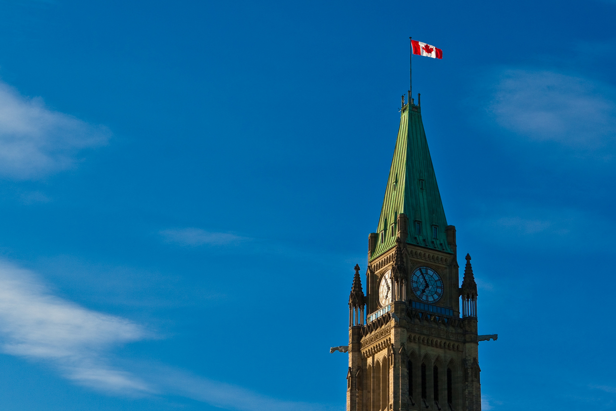 Top of the Canadian parliament clock tower under the wind