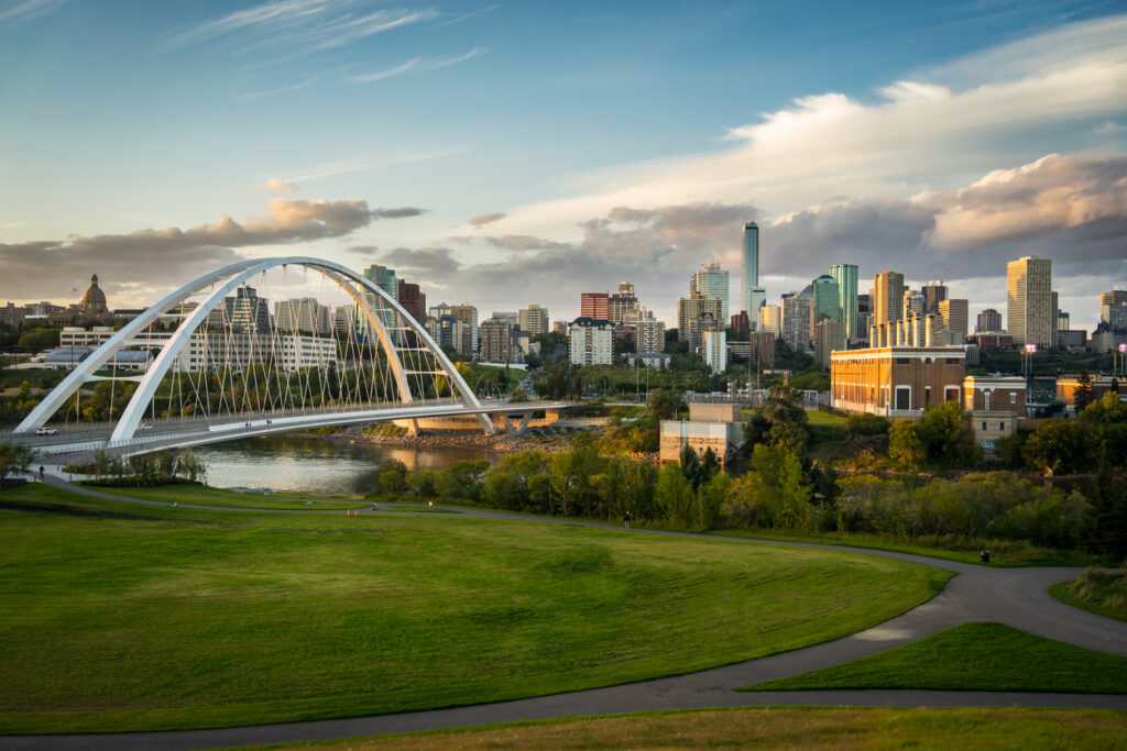 A photo of the Waterdale Suspension Bridge and downtown Edmonton