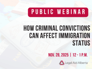 Text "Public Webinar | How Criminal Convictions Can Affect Immigration Status | Nov. 20, 2025 | 12-1 p.m.