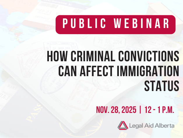 Text "Public Webinar | How Criminal Convictions Can Affect Immigration Status | Nov. 20, 2025 | 12-1 p.m.