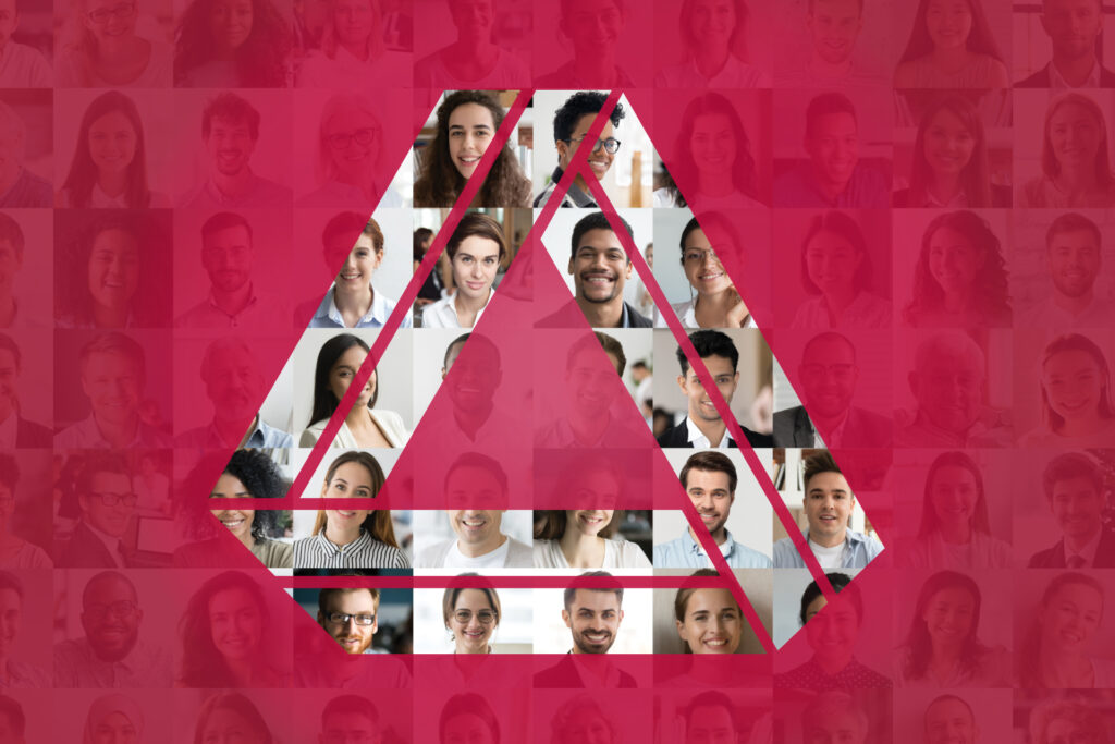 Legal Aid Alberta triangle logo with a mosaic of people in the background