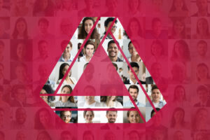 Legal Aid Alberta triangle logo with a mosaic of people in the background