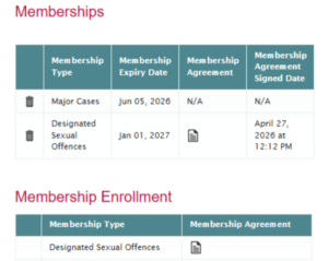 Screenshot of Lawyer Portal showing a membership with an expiry date and signed date.