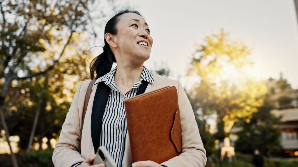 Professional, corporate lawyer and worker with file, documents and phone for career