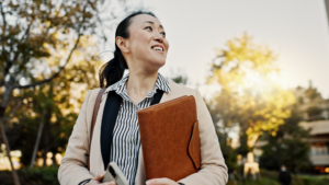 Professional, corporate lawyer and worker with file, documents and phone for career